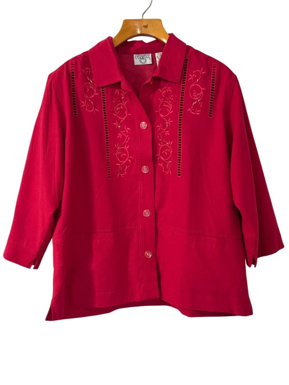 Vtg Cervelle Embroidered Silk Shirt Button Down Pink Beaded Pockets Size L